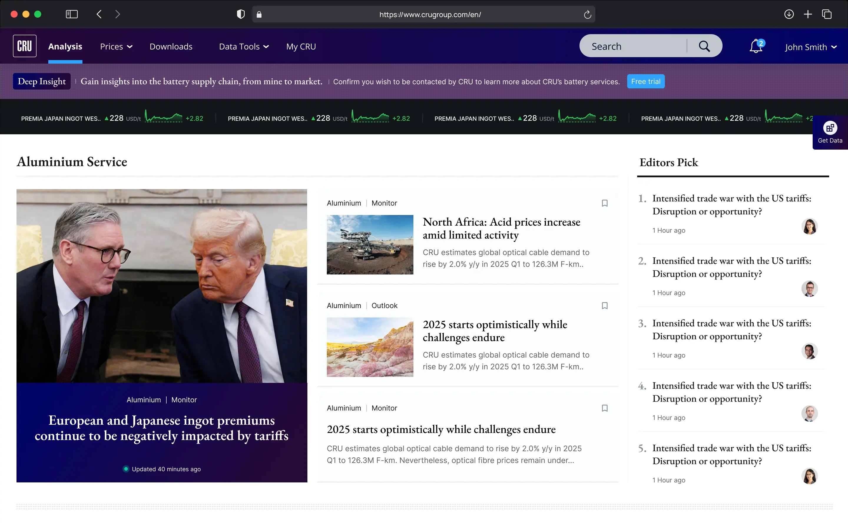 CRU Aluminium Service homepage, leading with the Starmer and Trump &ldquo;European and Japanese ingot premiums&rdquo; story alongside Editors Pick news and a live price ticker