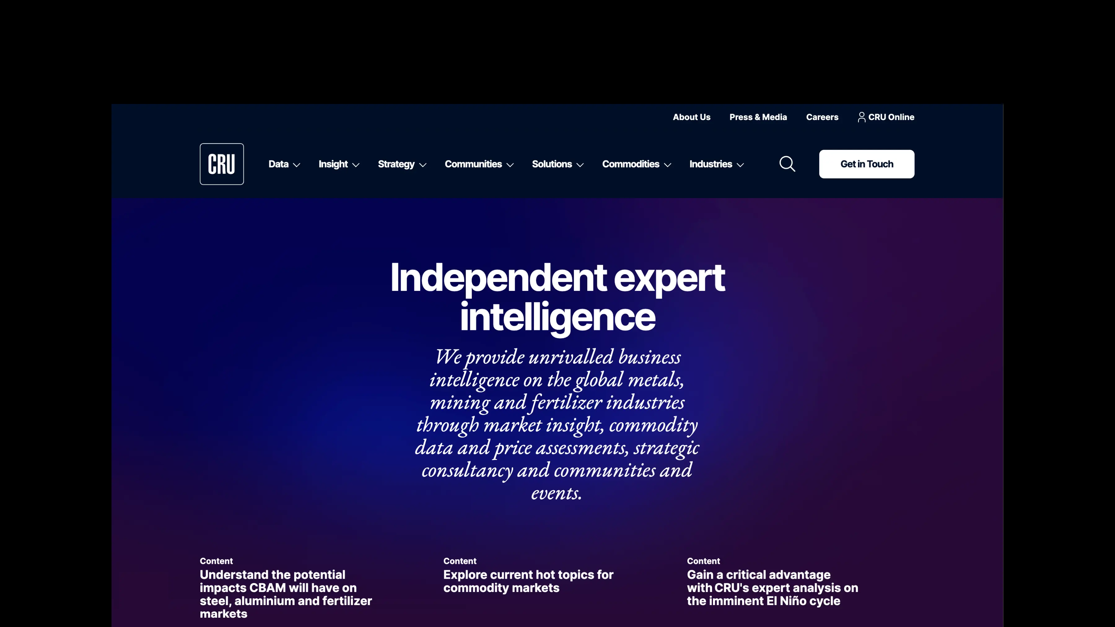 CRU marketing homepage: “Independent expert intelligence” hero with Data, Insight, Strategy, Communities and Solutions navigation