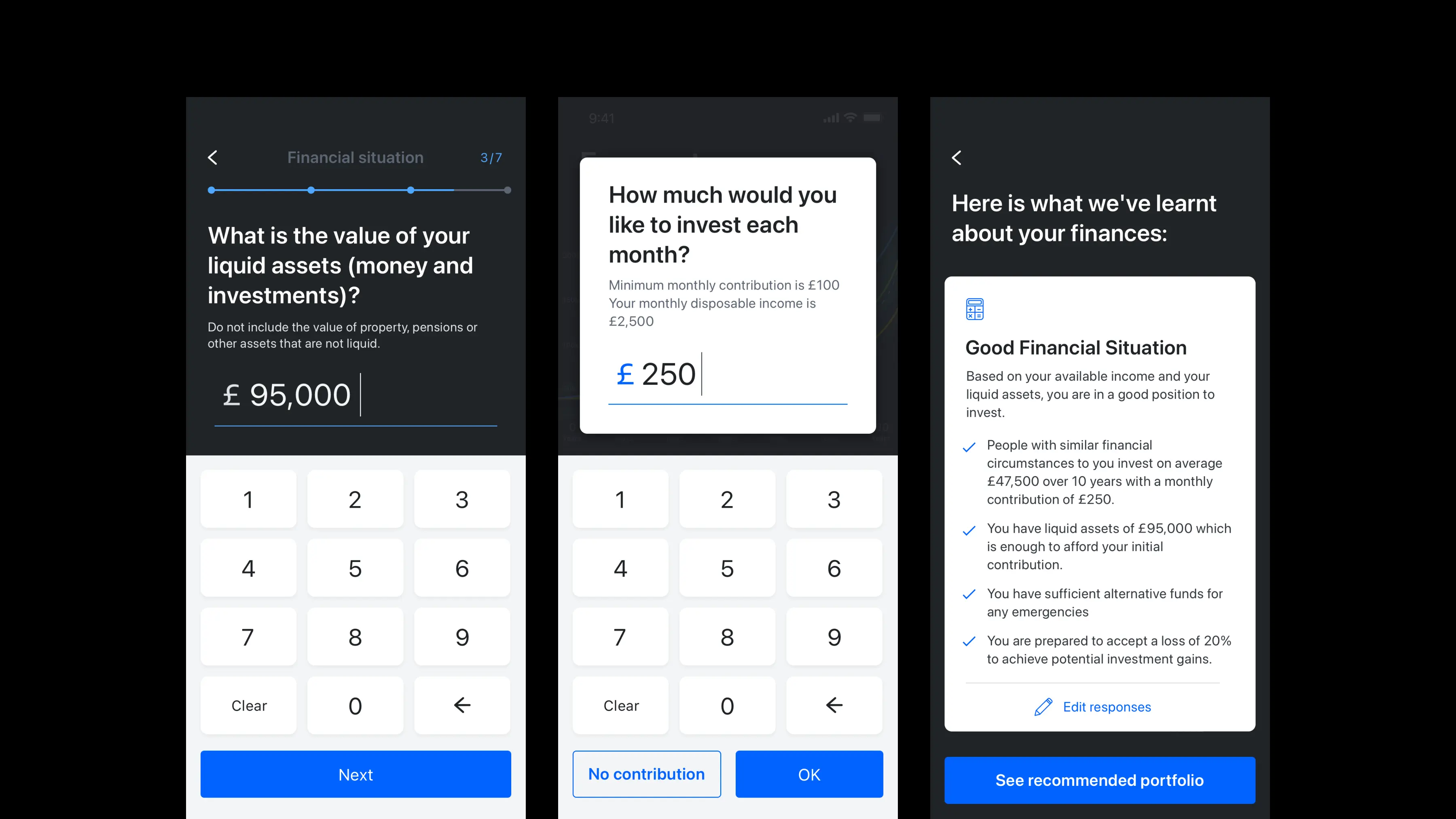 Financial situation input flow: liquid assets of &pound;95,000, a &pound;250 monthly contribution, and the resulting &ldquo;Good Financial Situation&rdquo; summary