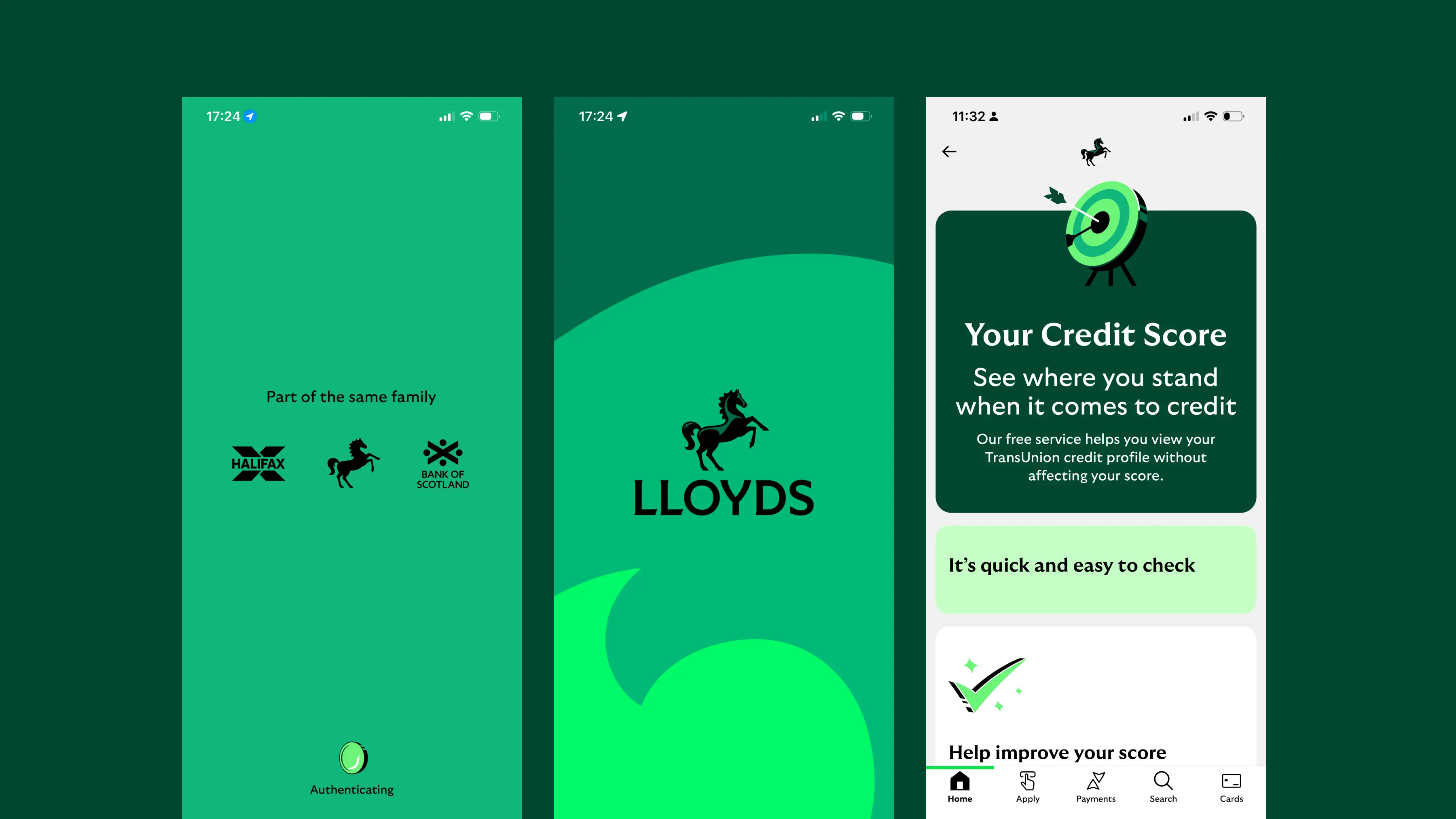 Lloyds Banking Group brand-family authentication screen, the Lloyds Spaces logo mark, and the Your Credit Score tool, all on the shared green Spaces field