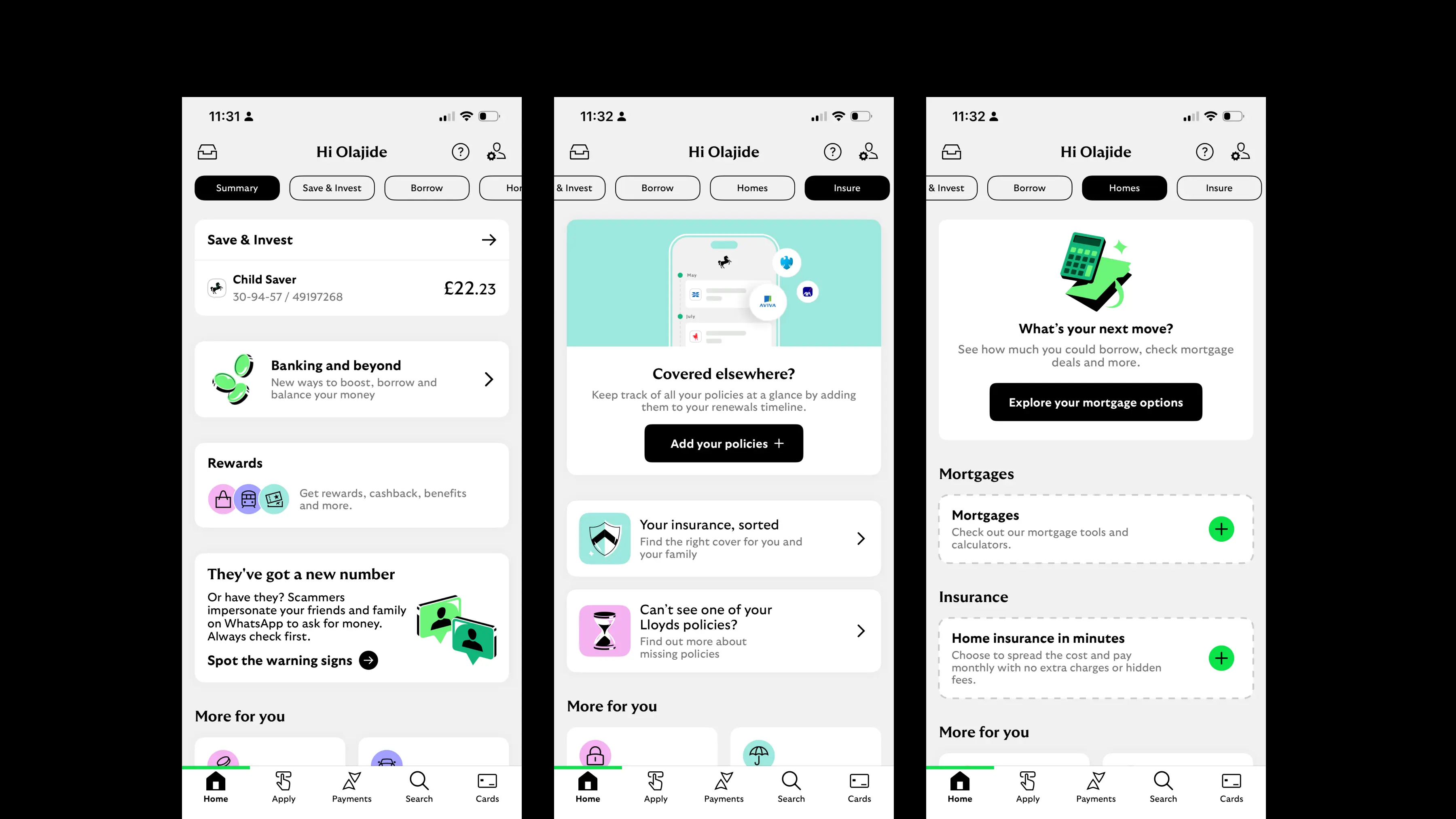 Spaces Summary, Insure, and Homes tabs: Save & Invest and Rewards on Summary, policy tracking on Insure, mortgage tools on Homes