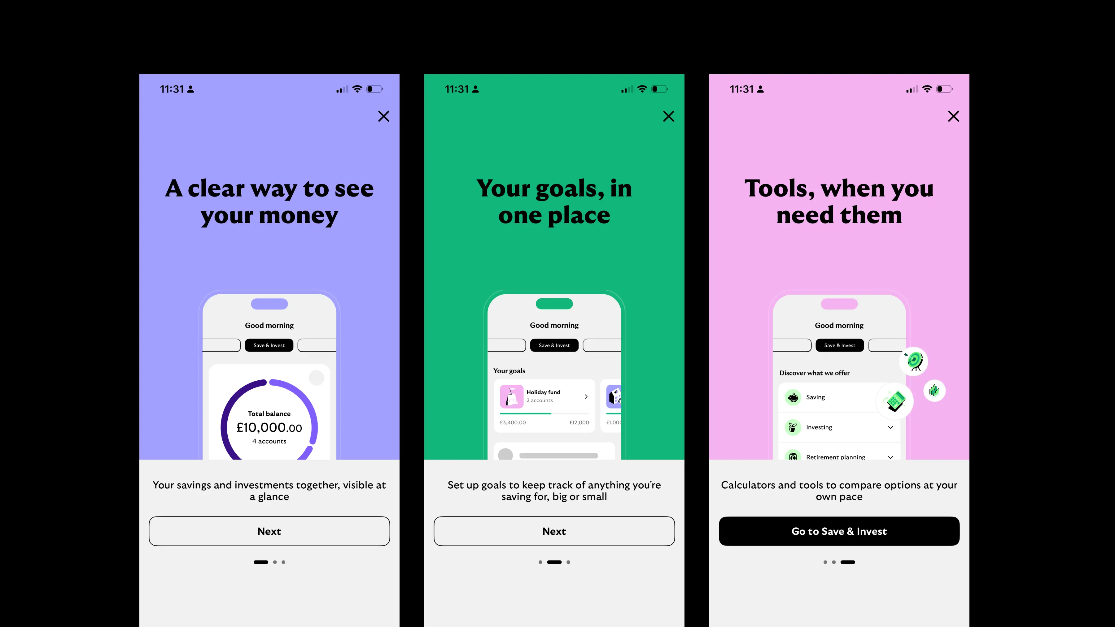 Spaces onboarding: &ldquo;A clear way to see your money,&rdquo; &ldquo;Your goals, in one place,&rdquo; and &ldquo;Tools, when you need them&rdquo;