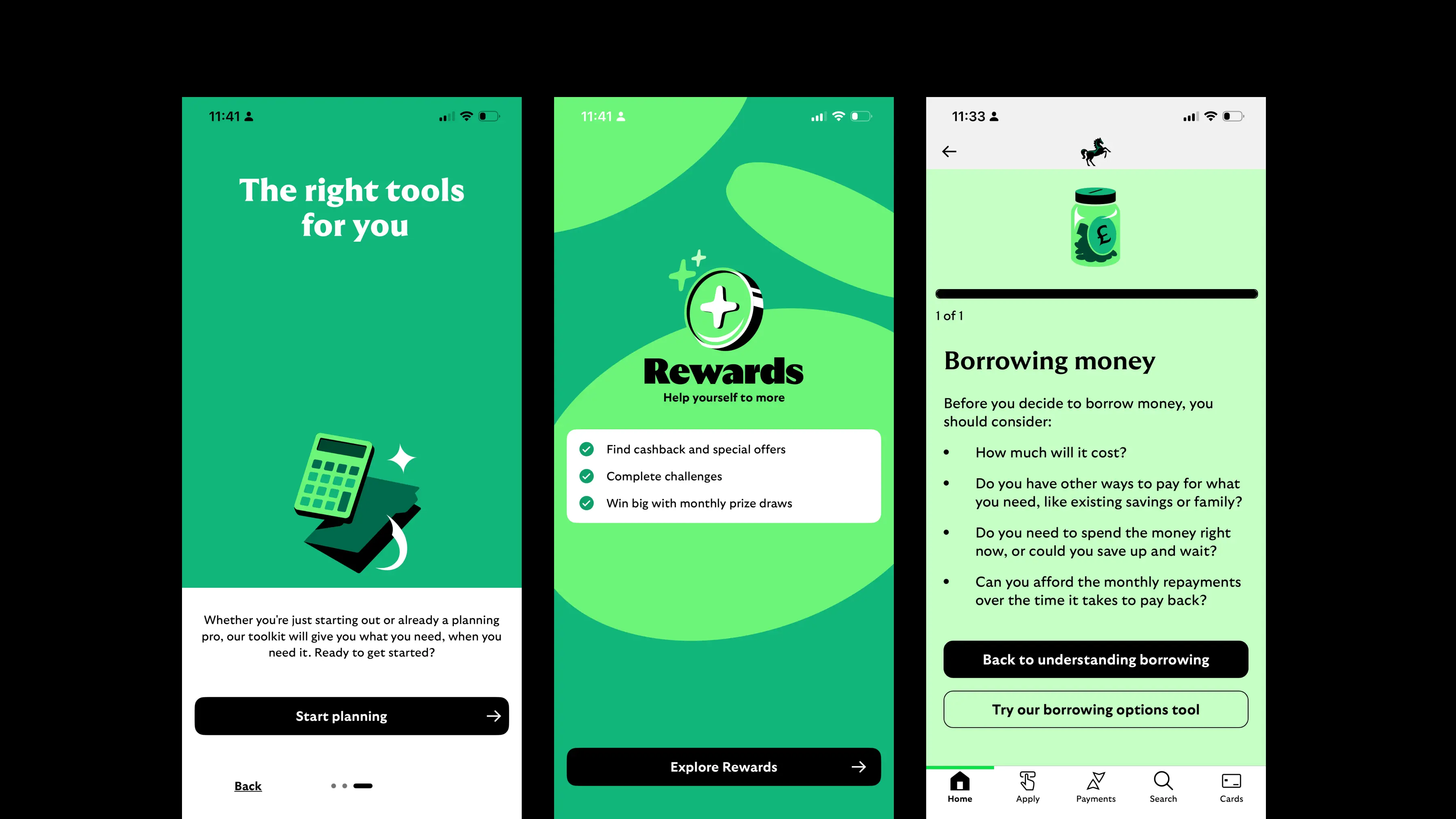 The Right Tools for You planning intro, the Rewards category, and a Borrowing Money considerations checklist
