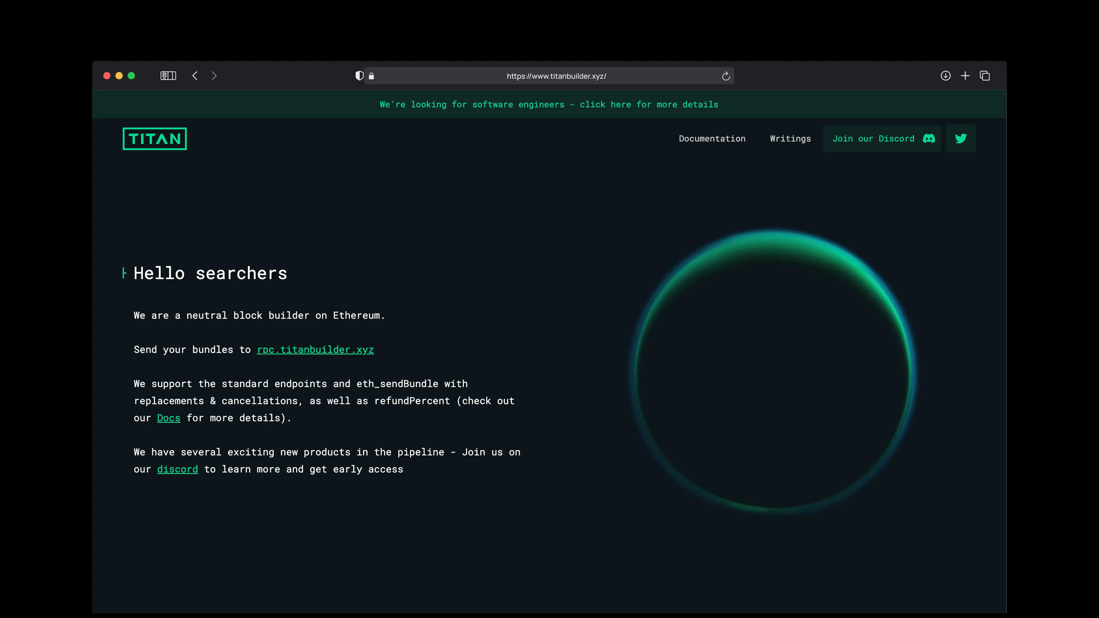 titanbuilder.xyz: "Hello searchers," Titan Builder’s own developer-facing site for bundle submission and documentation