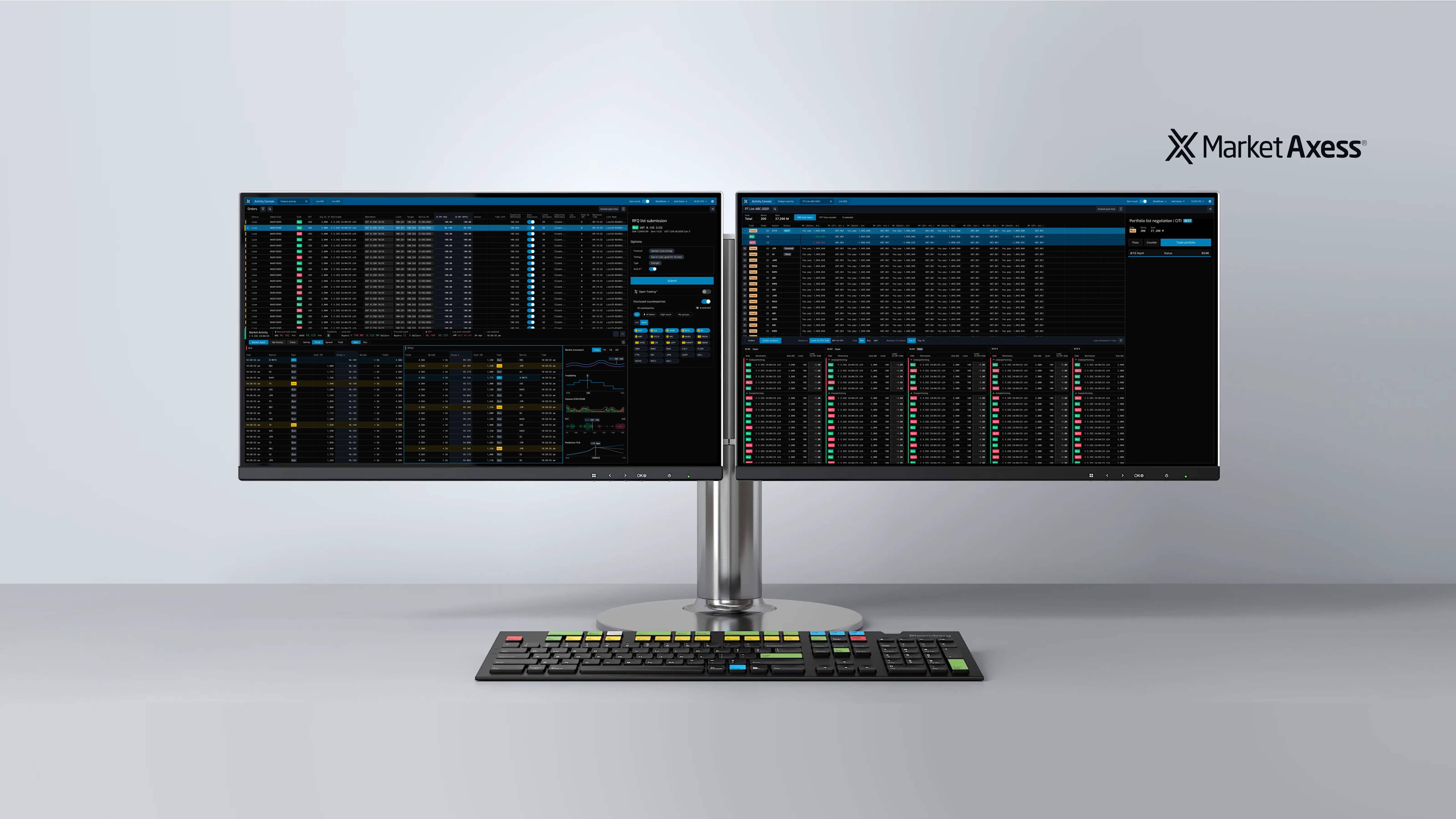 MarketAxess X-Pro trading workstation, dual-monitor product shot