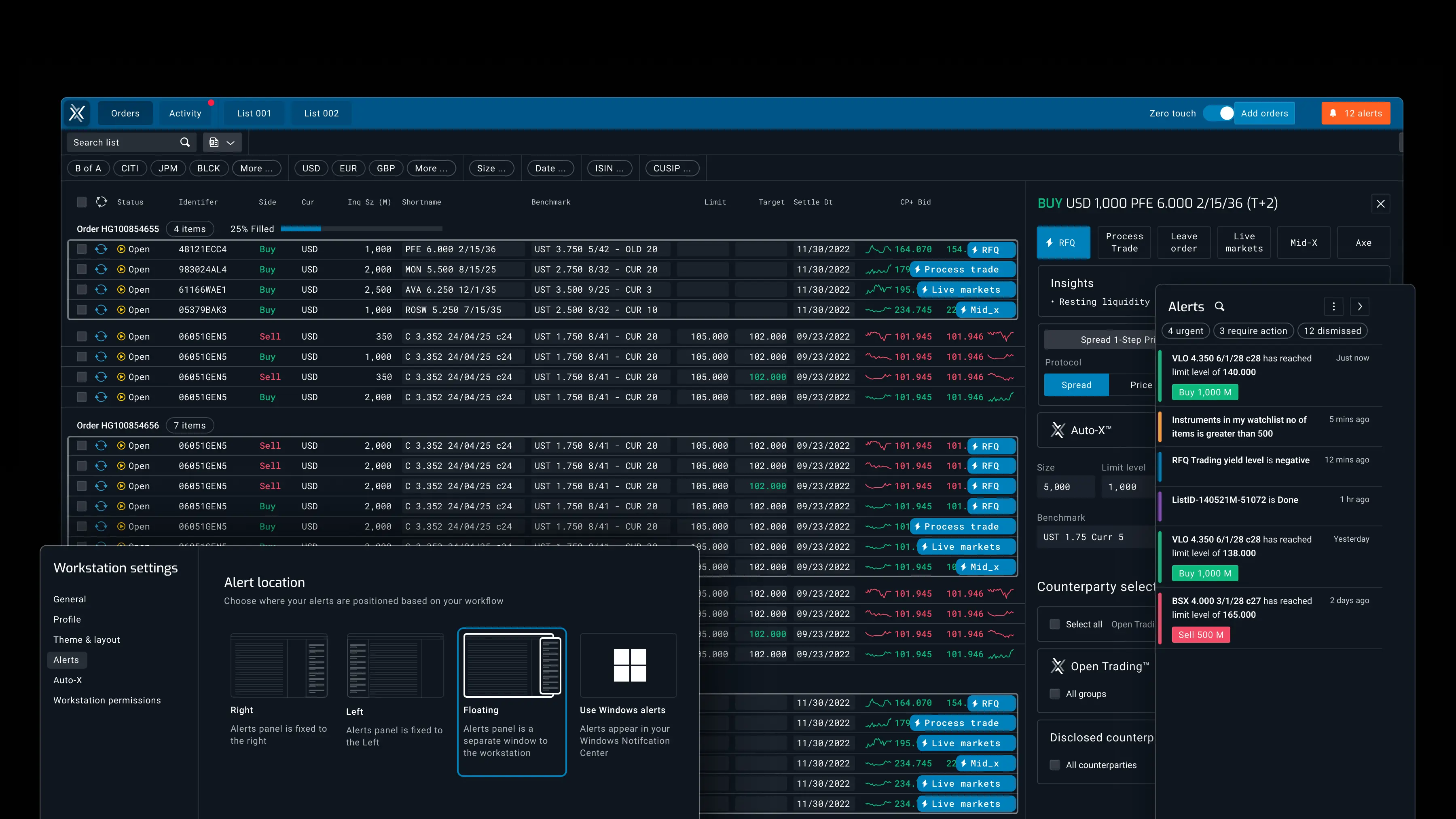 Orders and Activity list with an RFQ list submission panel and the workstation Alerts panel